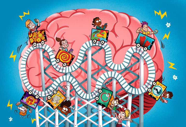 TikTok est un manège d'émotions fortes. Que se passe-t-il dans ton cerveau quand tu es sur TikTok ?, article extrait du magazine Okapi n°1186, 15 octobre 2023. Illustration : Mouk.